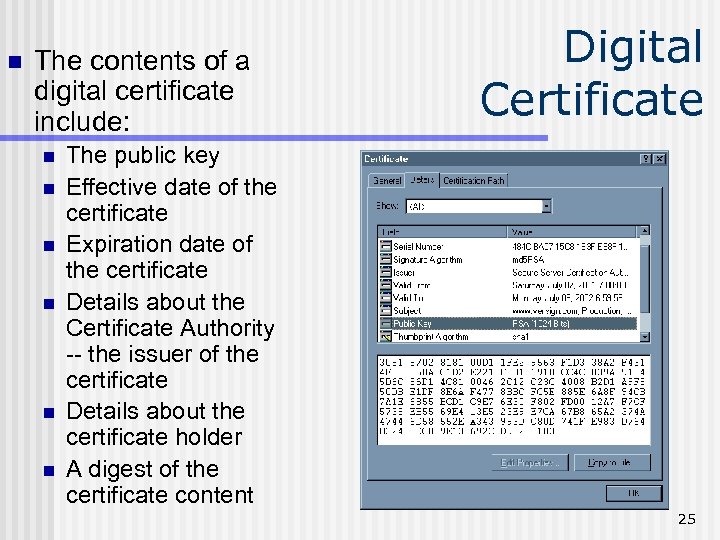 n The contents of a digital certificate include: n n n Digital Certificate The