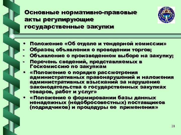 Основные нормативно-правовые акты регулирующие государственные закупки • - Положение «Об отделе и тендерной комиссии»
