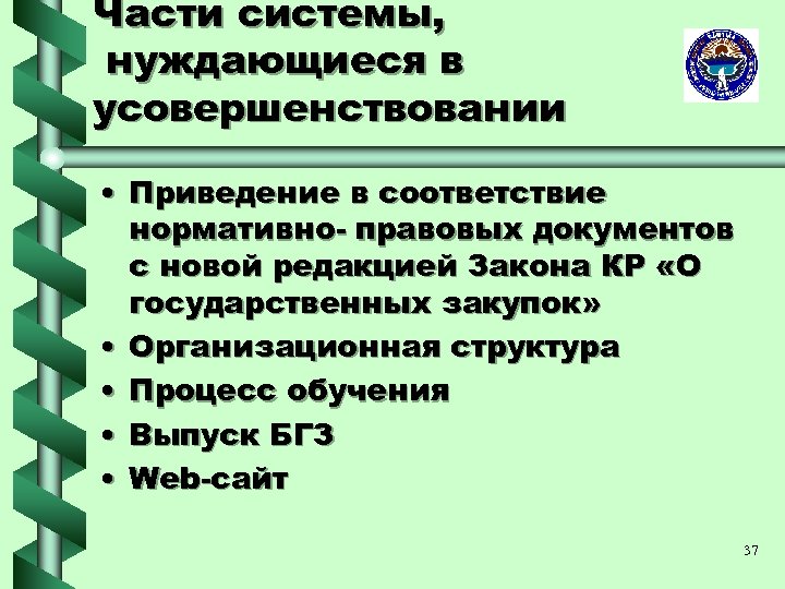 Части системы, нуждающиеся в усовершенствовании • Приведение в соответствие нормативно- правовых документов с новой