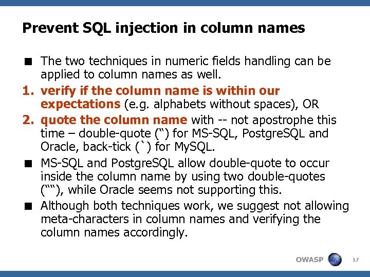 Prevent SQL injection in column names < The two techniques in numeric fields handling