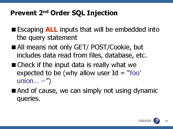 Advanced Topics On Sql Injection Protection Owasp Sam