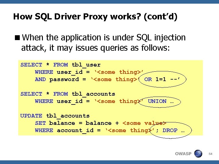 How SQL Driver Proxy works? (cont’d) <When the application is under SQL injection attack,