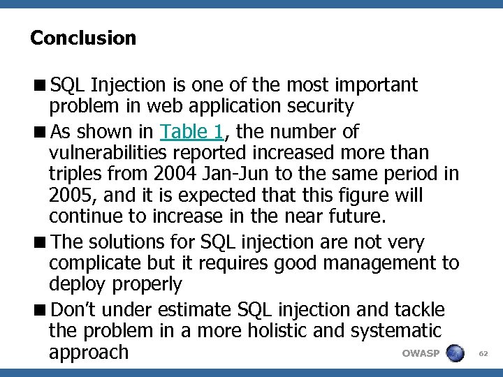 Conclusion <SQL Injection is one of the most important problem in web application security