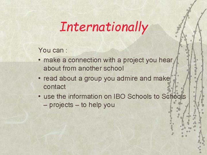 Internationally You can : • make a connection with a project you hear about