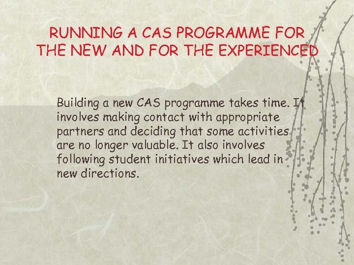 RUNNING A CAS PROGRAMME FOR THE NEW AND FOR THE EXPERIENCED Building a new