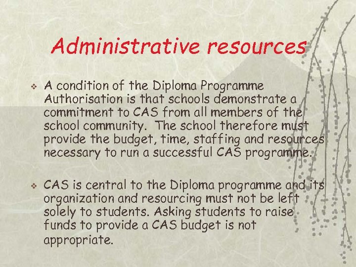 Administrative resources v v A condition of the Diploma Programme Authorisation is that schools