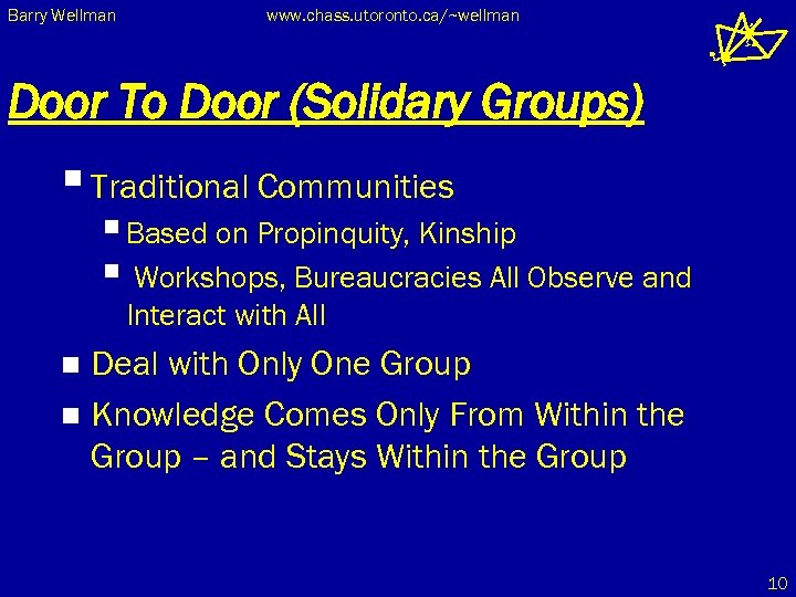 Barry Wellman www. chass. utoronto. ca/~wellman Door To Door (Solidary Groups) § Traditional Communities