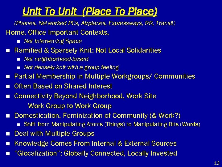 Unit To Unit (Place To Place) (Phones, Networked PCs, Airplanes, Expressways, RR, Transit) Home,