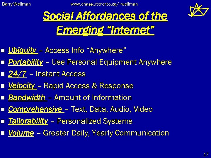 Barry Wellman www. chass. utoronto. ca/~wellman Social Affordances of the Emerging “Internet” n n