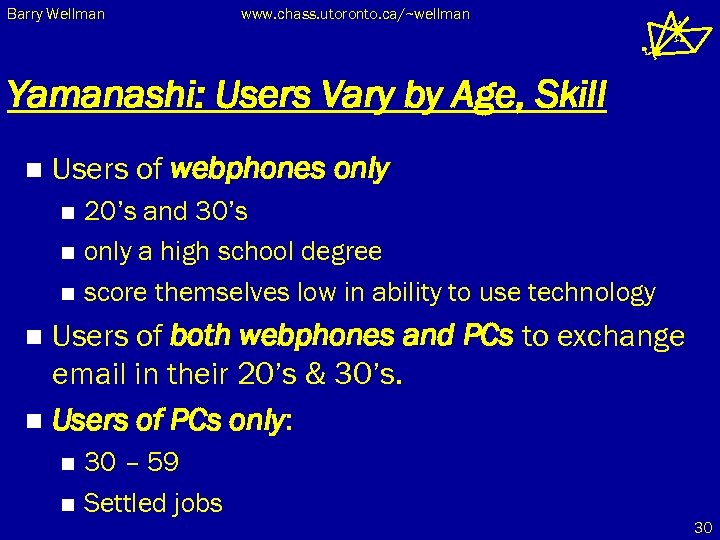 Barry Wellman www. chass. utoronto. ca/~wellman Yamanashi: Users Vary by Age, Skill n Users