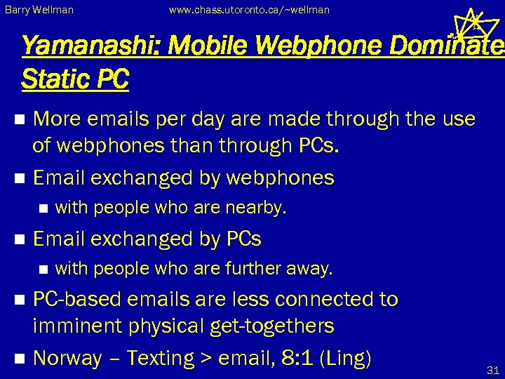Barry Wellman www. chass. utoronto. ca/~wellman Yamanashi: Mobile Webphone Dominate Static PC More emails