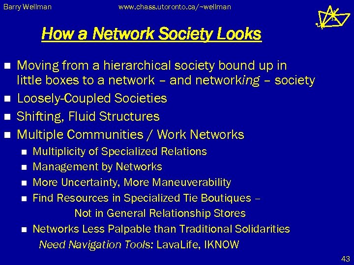 Barry Wellman www. chass. utoronto. ca/~wellman How a Network Society Looks n n Moving