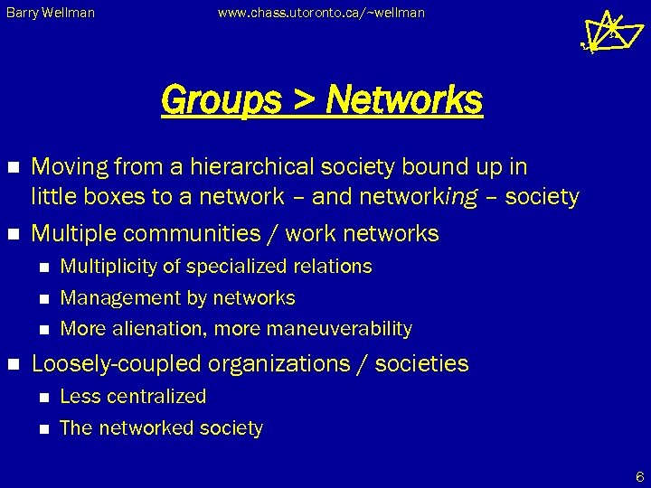 Barry Wellman www. chass. utoronto. ca/~wellman Groups > Networks n n Moving from a