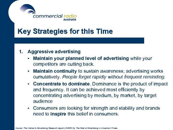 Key Strategies for this Time 1. Aggressive advertising • Maintain your planned level of