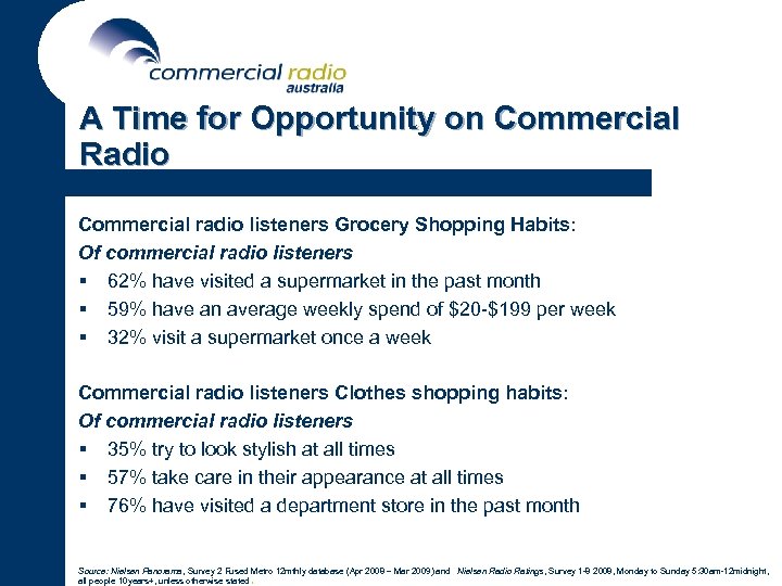 A Time for Opportunity on Commercial Radio Commercial radio listeners Grocery Shopping Habits: Of