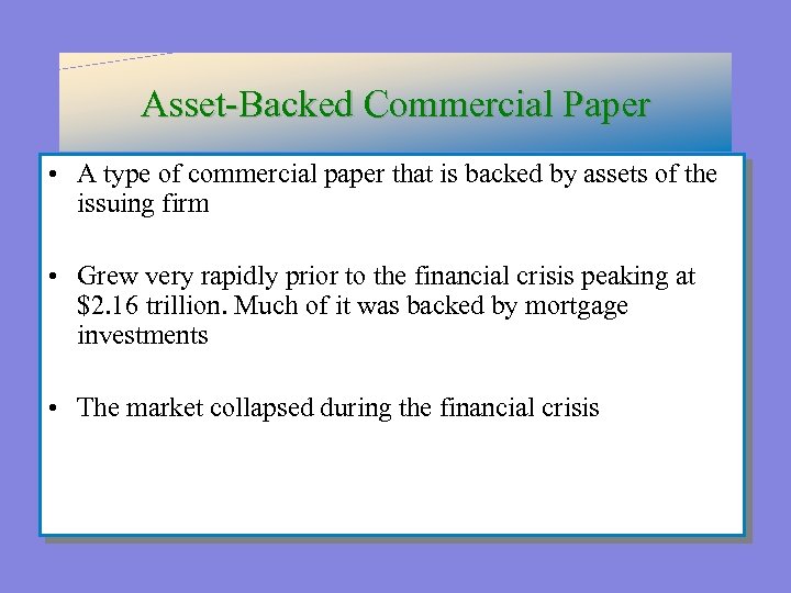 Asset-Backed Commercial Paper • A type of commercial paper that is backed by assets