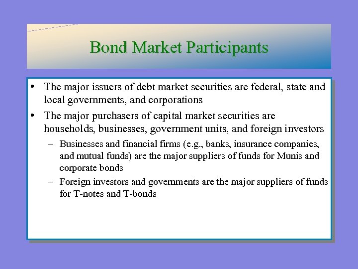 Bond Market Participants • The major issuers of debt market securities are federal, state