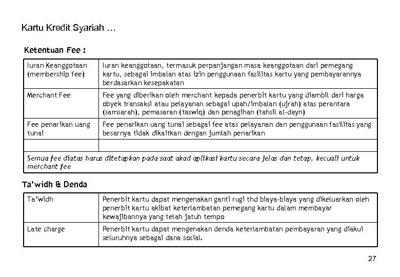 Kartu Kredit Syariah … Ketentuan Fee : Iuran Keanggotaan (membership fee) Iuran keanggotaan, termasuk