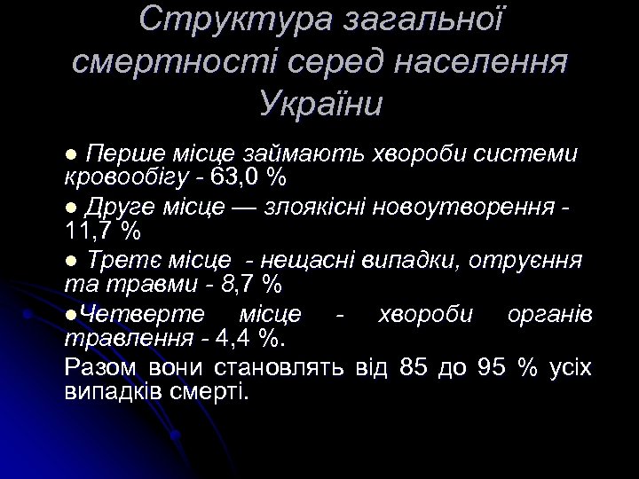 Структура загальної смертності серед населення України Перше місце займають хвороби системи кровообігу 63, 0