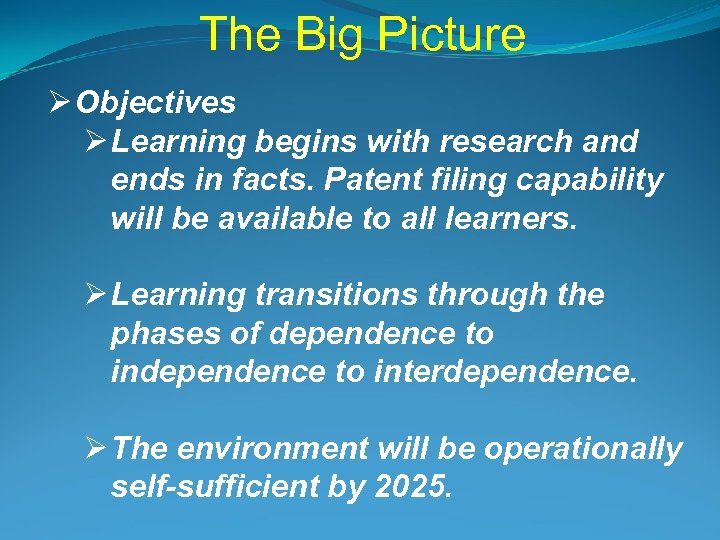 The Big Picture Ø Objectives Ø Learning begins with research and ends in facts.