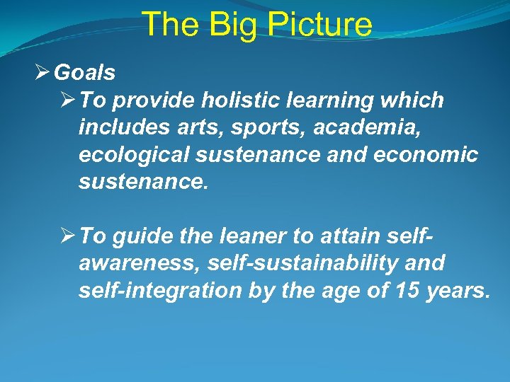 The Big Picture Ø Goals Ø To provide holistic learning which includes arts, sports,