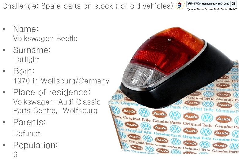 Challenge: Spare parts on stock (for old vehicles) • Name: Volkswagen Beetle • Surname: