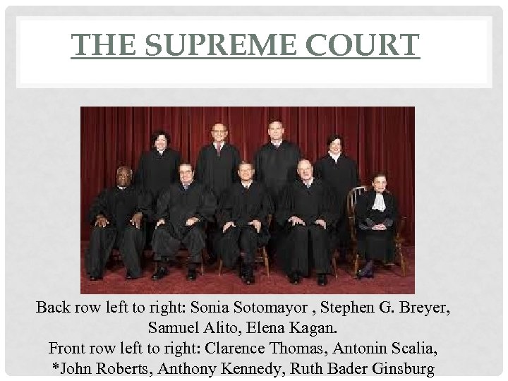 THE SUPREME COURT Back row left to right: Sonia Sotomayor , Stephen G. Breyer,