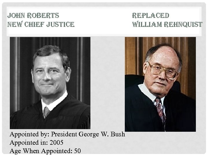 JOHN ROBERTS NEW CHIEF JUSTICE Appointed by: President George W. Bush Appointed in: 2005