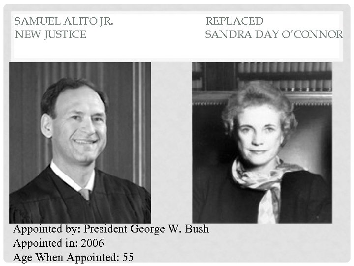 SAMUEL ALITO JR. NEW JUSTICE REPLACED SANDRA DAY O’CONNOR Appointed by: President George W.