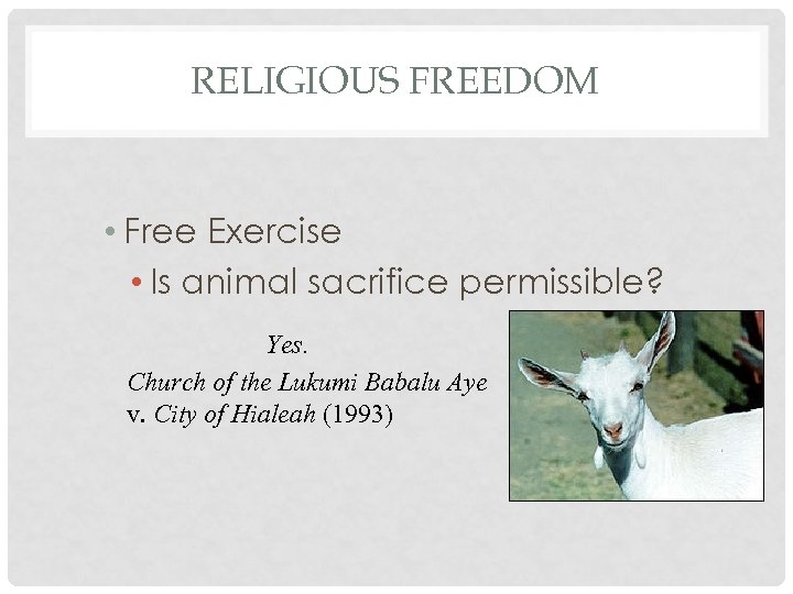 RELIGIOUS FREEDOM • Free Exercise • Is animal sacrifice permissible? Yes. Church of the