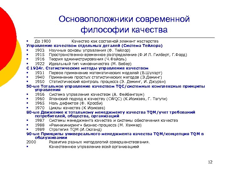 Основоположники современной философии качества § До 1900 Качество как составной элемент мастерства Управление качеством