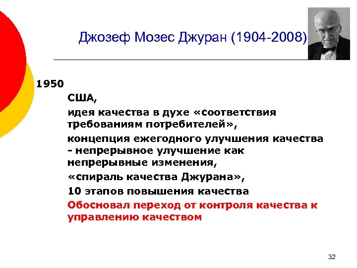 Джозеф Мозес Джуран (1904 2008) 1950 США, идея качества в духе «соответствия требованиям потребителей»