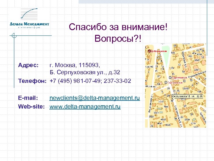 Спасибо за внимание! Вопросы? ! Адрес: г. Москва, 115093, Б. Серпуховская ул. , д.