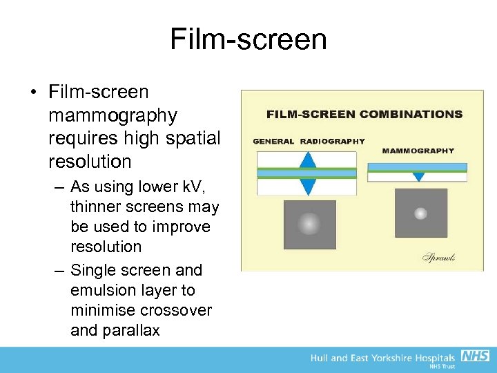 Film-screen • Film-screen mammography requires high spatial resolution – As using lower k. V,