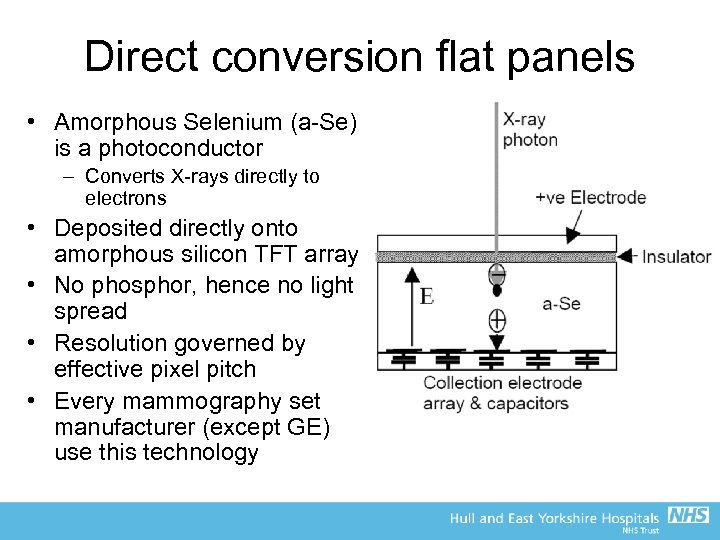 Direct conversion flat panels • Amorphous Selenium (a-Se) is a photoconductor – Converts X-rays