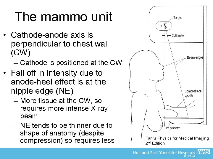 The mammo unit • Cathode-anode axis is perpendicular to chest wall (CW) – Cathode