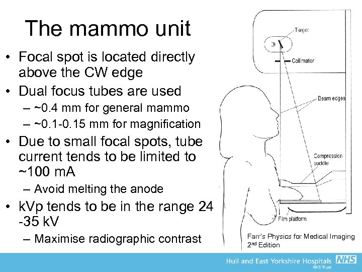 The mammo unit • Focal spot is located directly above the CW edge •