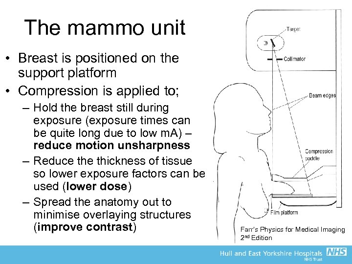 The mammo unit • Breast is positioned on the support platform • Compression is