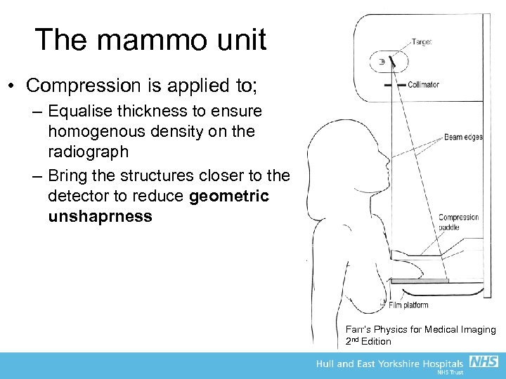 The mammo unit • Compression is applied to; – Equalise thickness to ensure homogenous