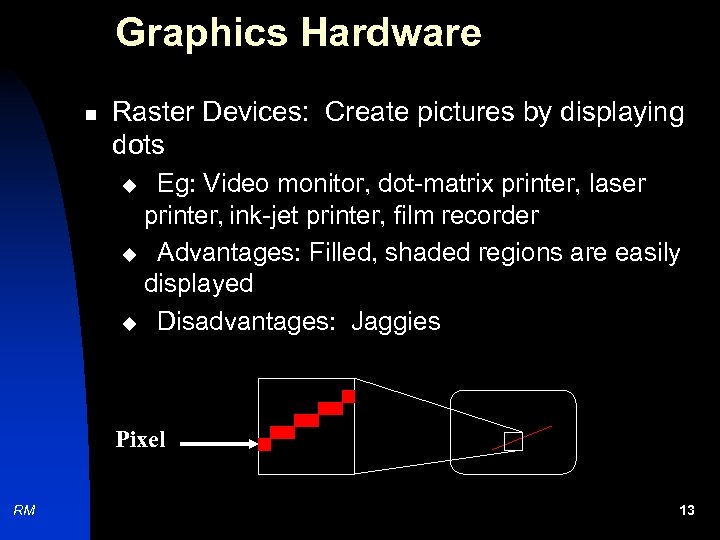 Graphics Hardware n Raster Devices: Create pictures by displaying dots Eg: Video monitor, dot-matrix