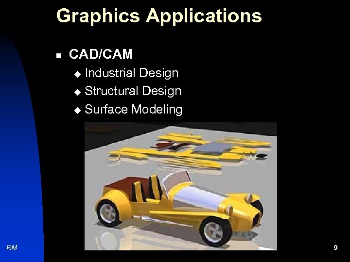 Graphics Applications n CAD/CAM Industrial Design u Structural Design u Surface Modeling u RM