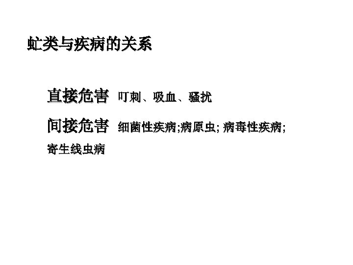 虻类与疾病的关系 直接危害 叮刺、吸血、骚扰 间接危害 细菌性疾病; 病原虫; 病毒性疾病; 寄生线虫病 