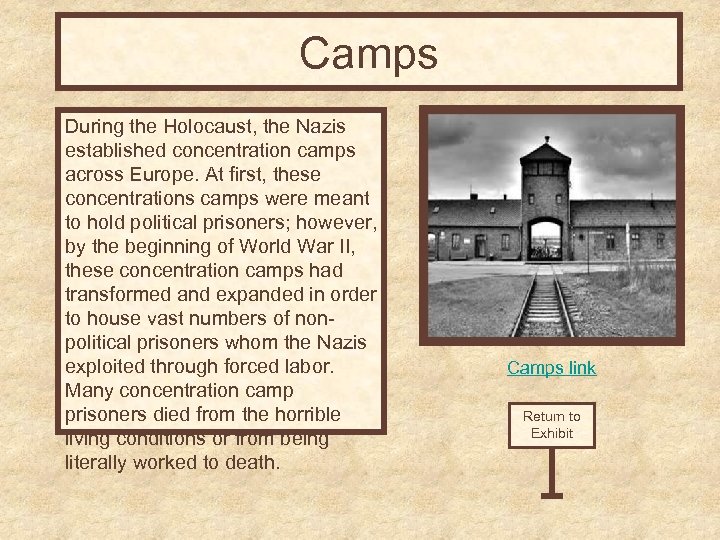 Camps During the Holocaust, the Nazis established concentration camps across Europe. At first, these