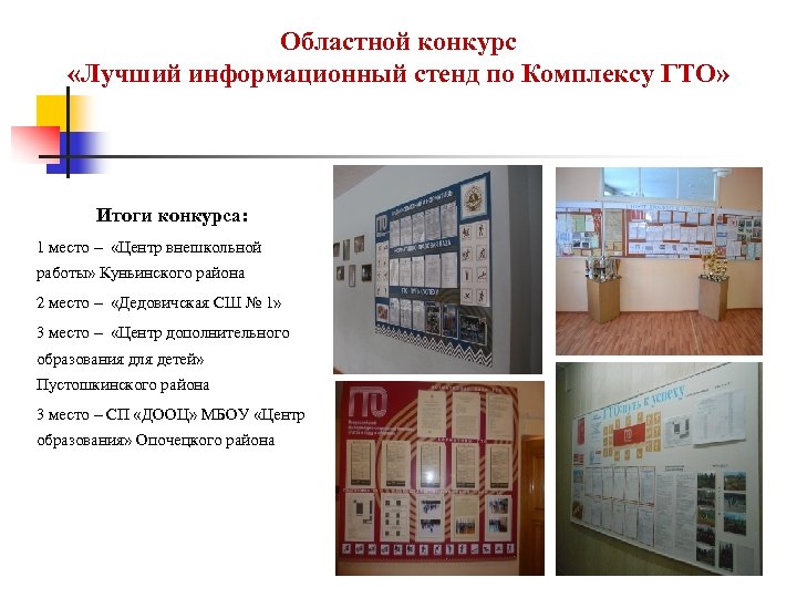 Областной конкурс «Лучший информационный стенд по Комплексу ГТО» Итоги конкурса: 1 место – «Центр