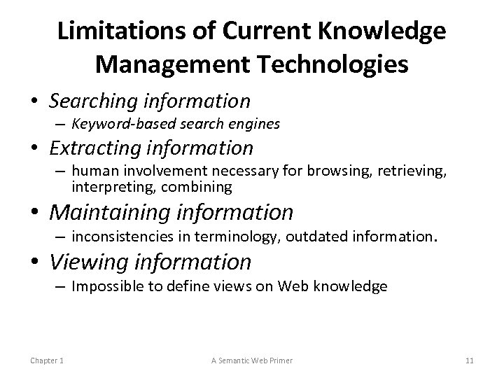 Limitations of Current Knowledge Management Technologies • Searching information – Keyword-based search engines •