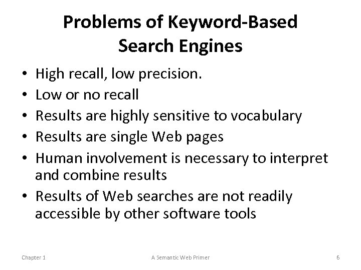 Problems of Keyword-Based Search Engines High recall, low precision. Low or no recall Results