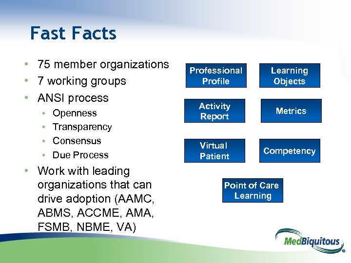 Fast Facts • 75 member organizations • 7 working groups • ANSI process •