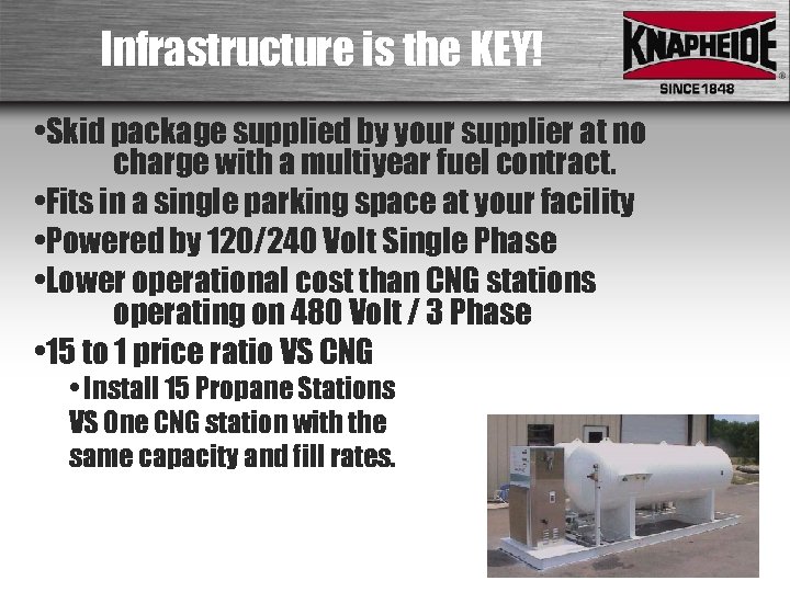 Infrastructure is the KEY! • Skid package supplied by your supplier at no charge