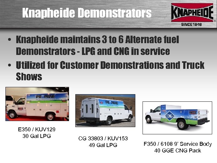 Knapheide Demonstrators • Knapheide maintains 3 to 6 Alternate fuel Demonstrators - LPG and