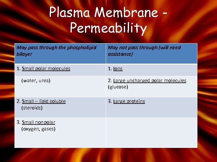 Plasma Membrane Permeability May pass through the phospholipid bilayer May not pass through (will